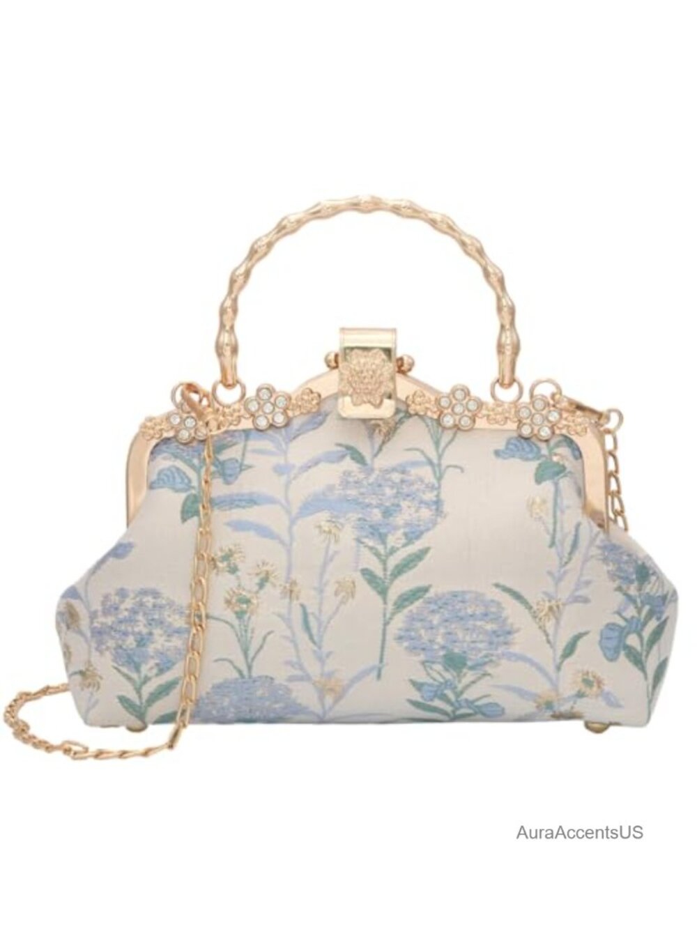 Embroidered Silk Evening Clutch with Metal Frame and Kiss Lock Closure